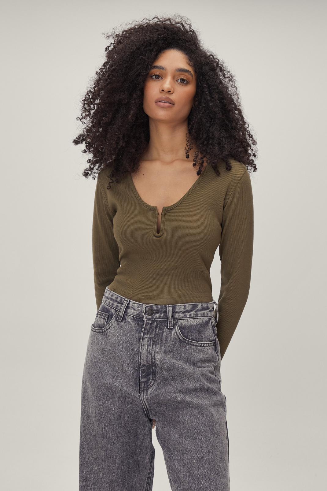 Olive Notch Neck Ribbed Long Sleeve Top image number 1