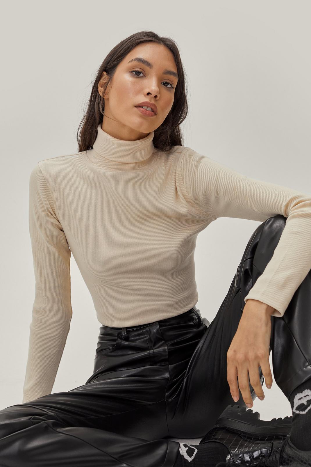 Ecru Ribbed Roll Neck Long Sleeve Top image number 1