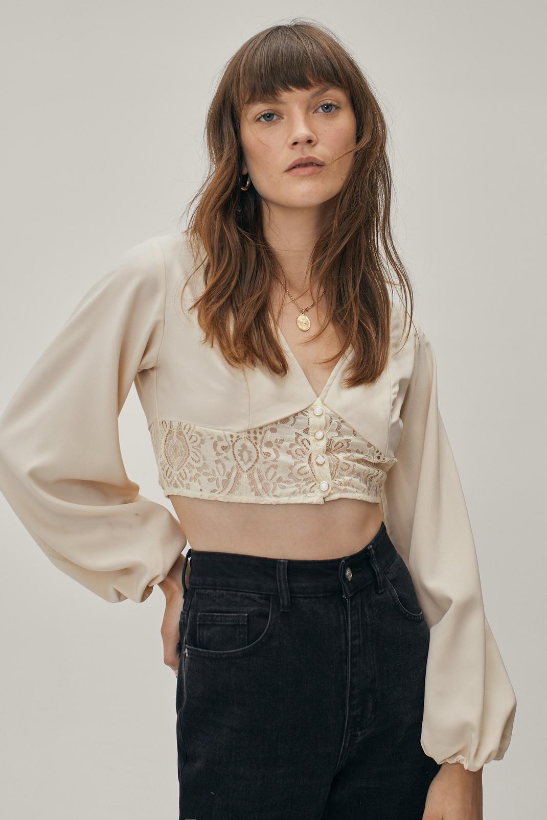 Cream V Neck Balloon Sleeve Cropped Blouse image number 1