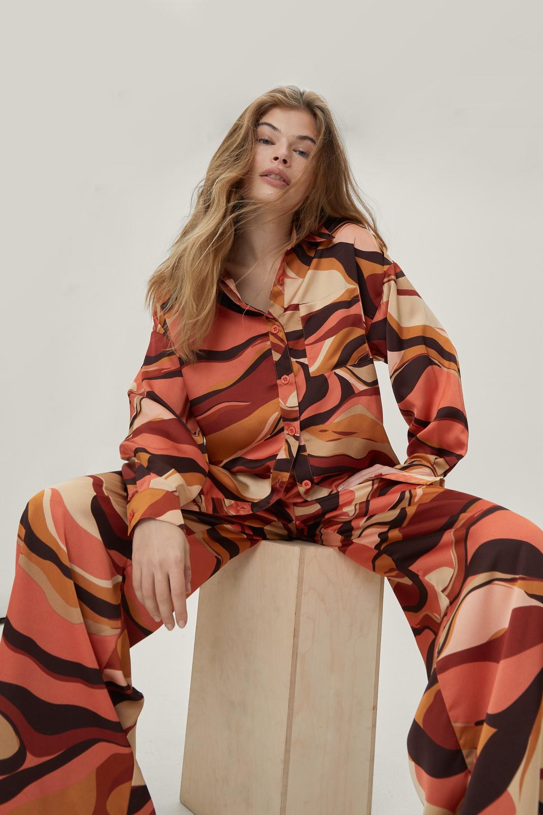 Rust Marble Print Co Ord Oversized Shirt image number 1