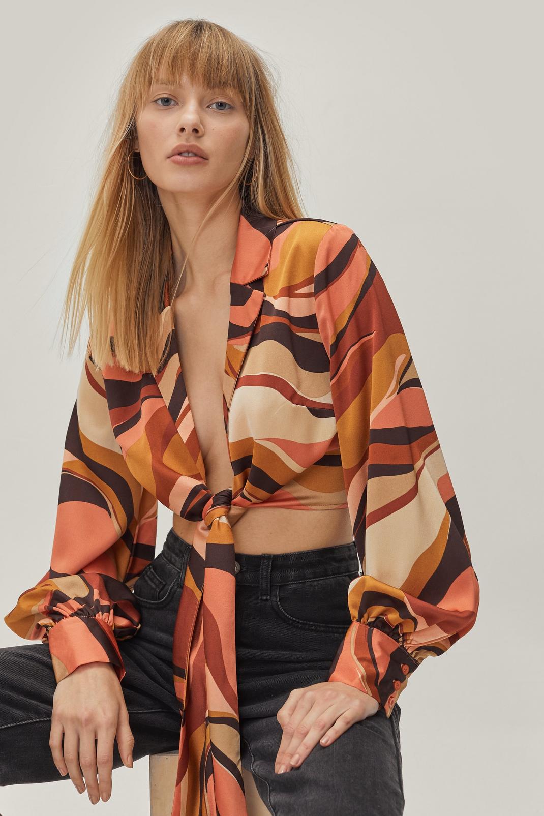 Rust Marble Tie Front Cropped Shirt image number 1