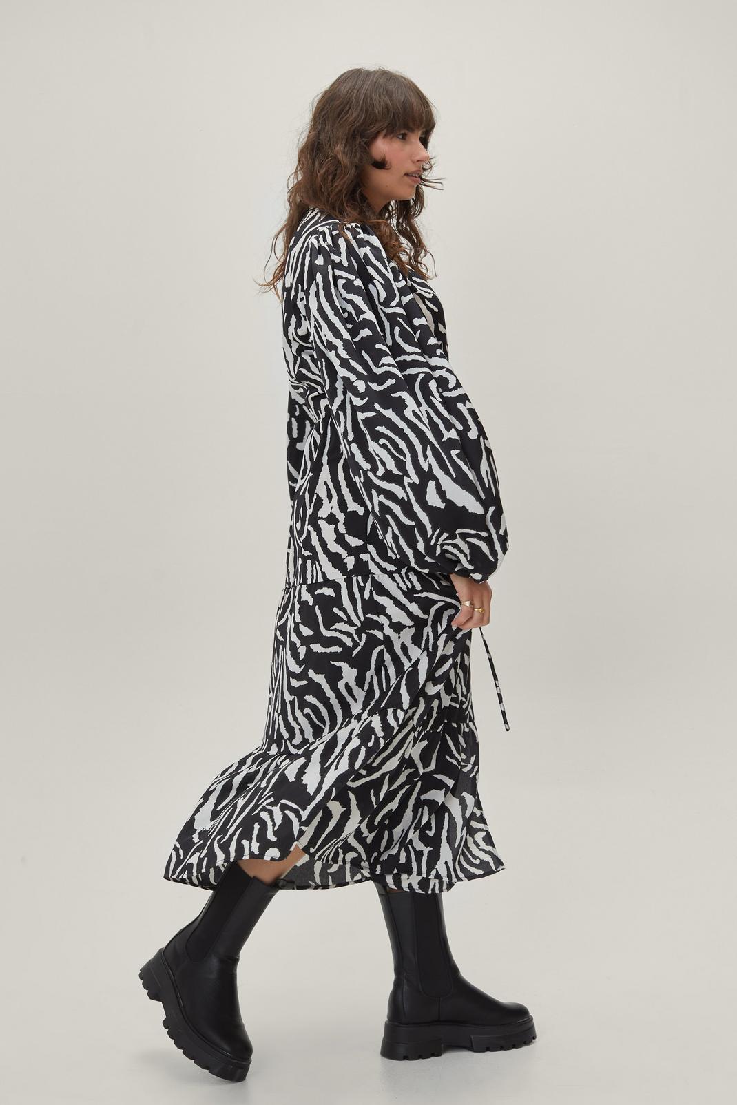 Black Plus Size Zebra Print Wrap Midi Dress image number 1