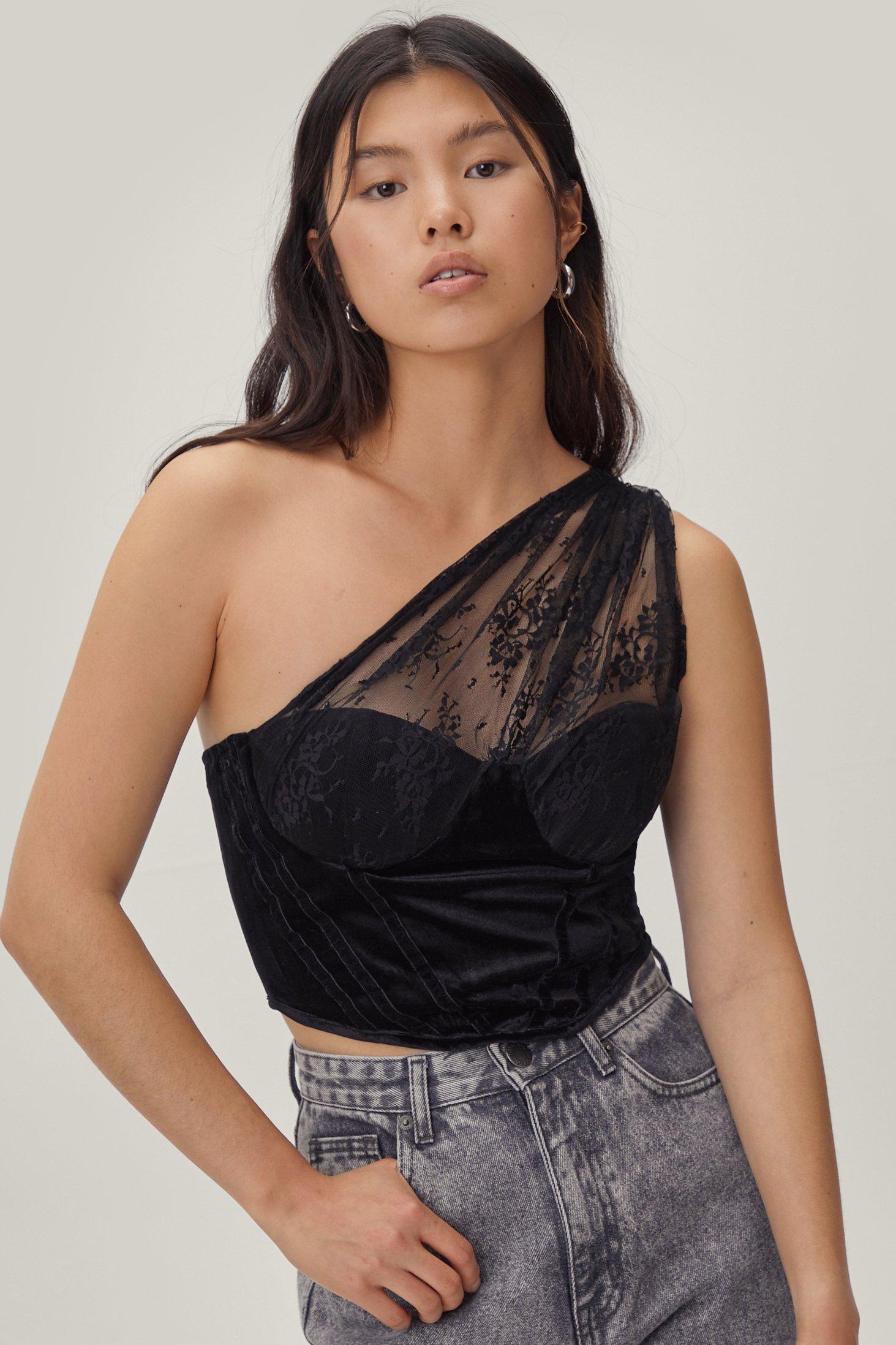 One shoulder shop lace top