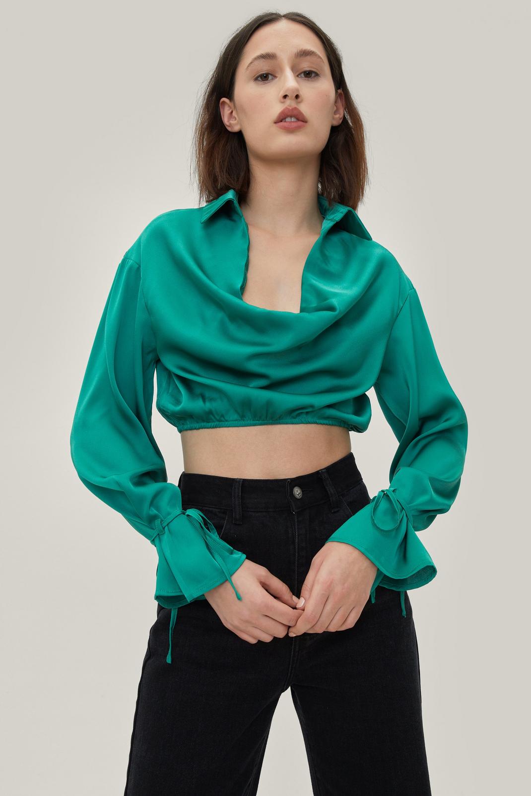 Green Cowl Front Tie Sleeve Satin Shirt image number 1