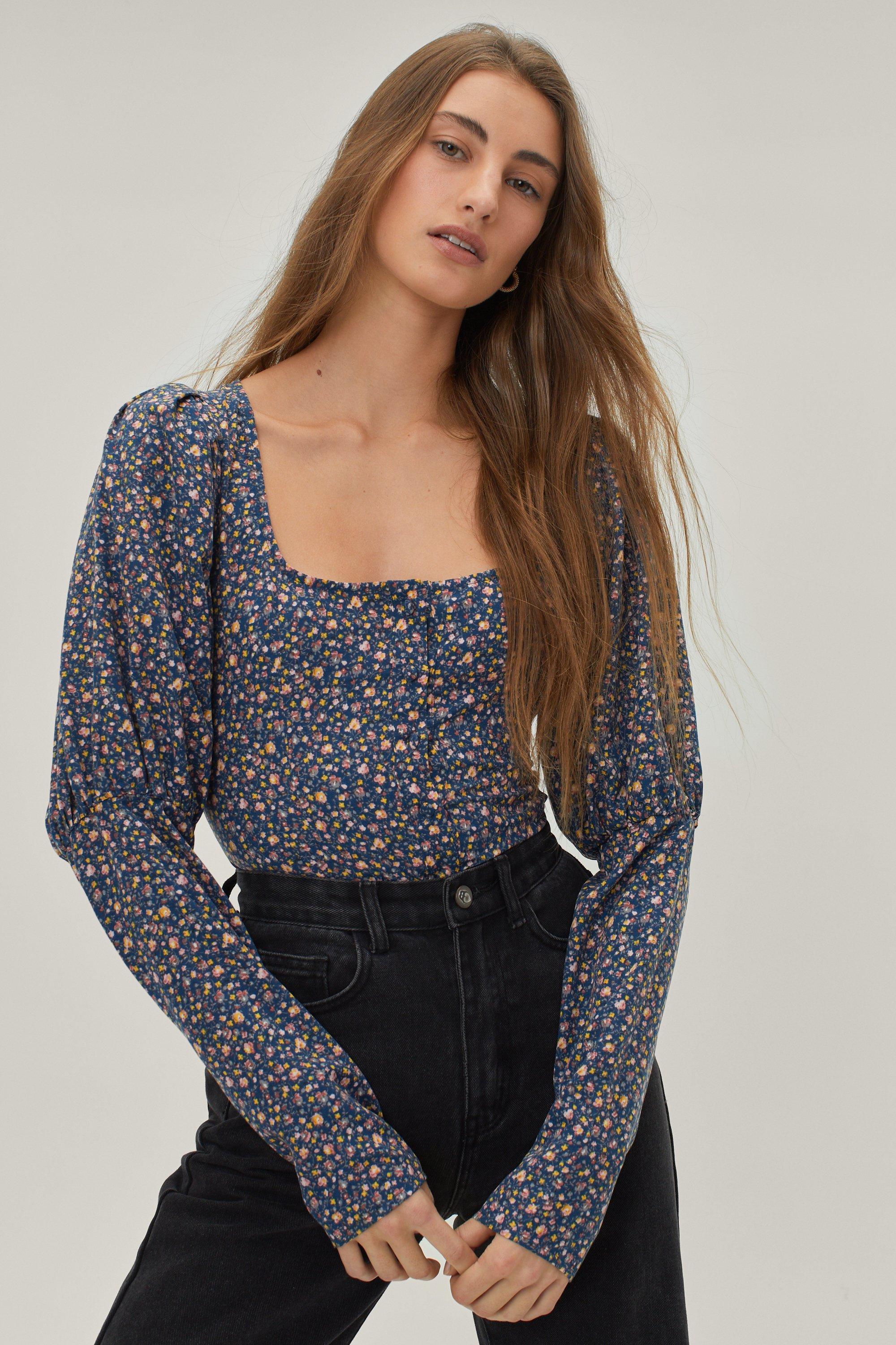 Blue Floral Puff Sleeve Top