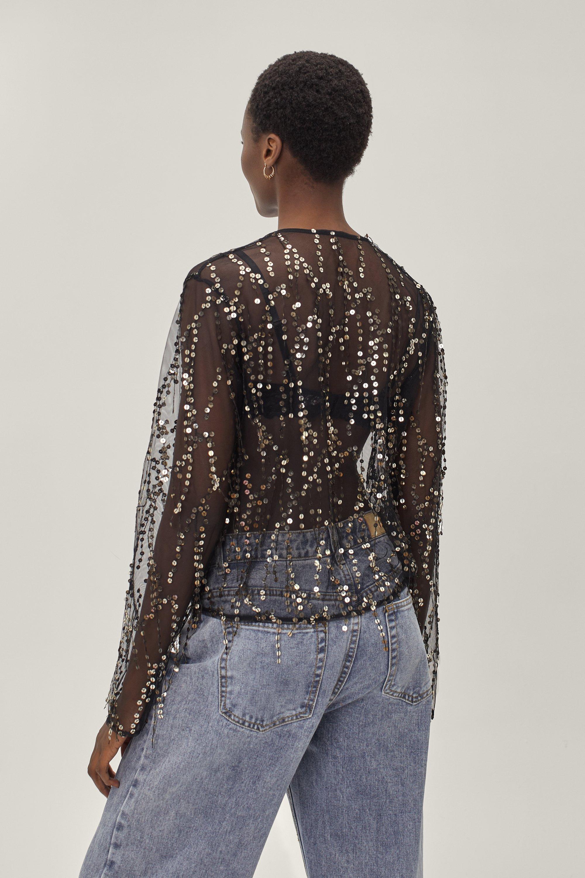 Black sequin store mesh top