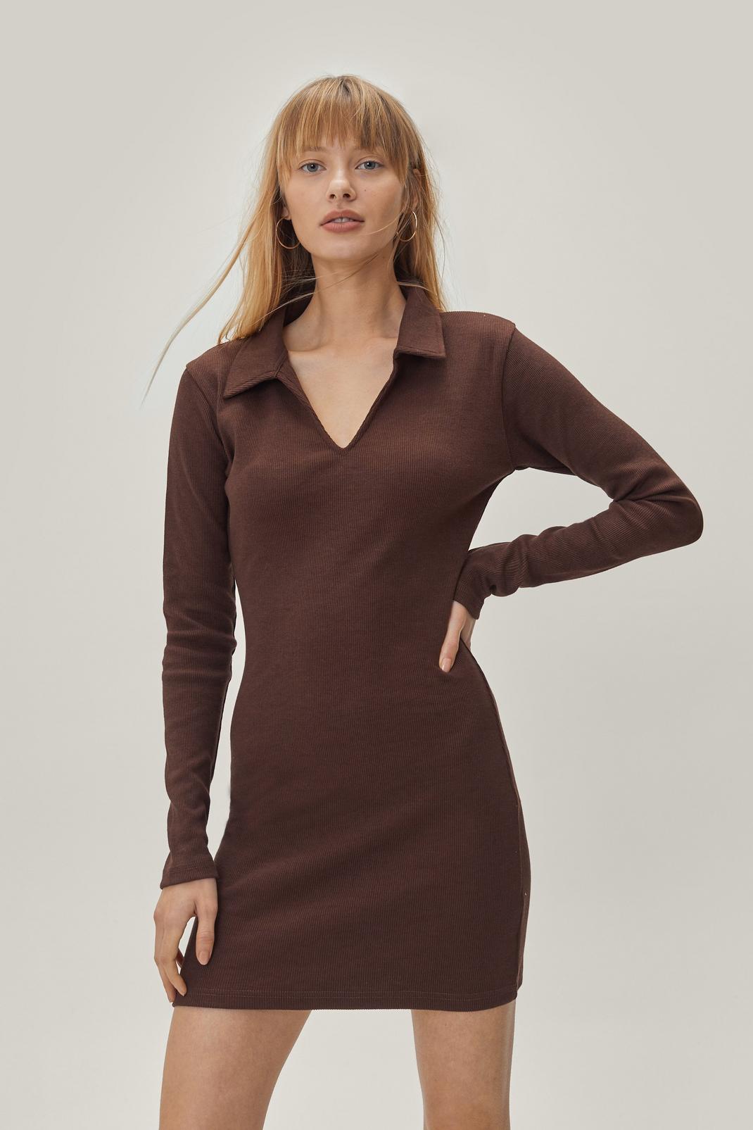 Chocolate Long Sleeve Bodycon Mini Dress image number 1