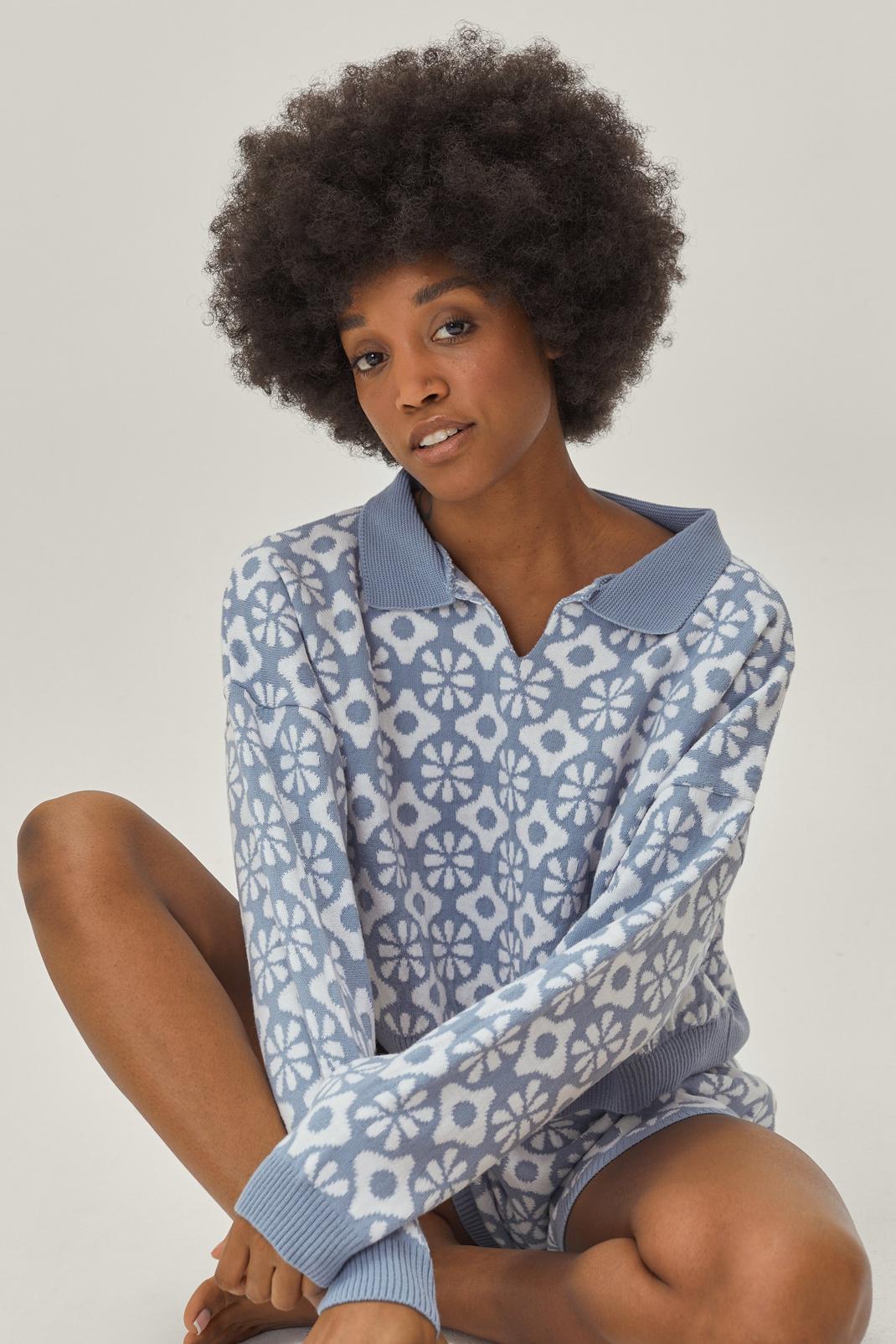 Dusty blue Petite Abstract Floral Short Lounge Set image number 1