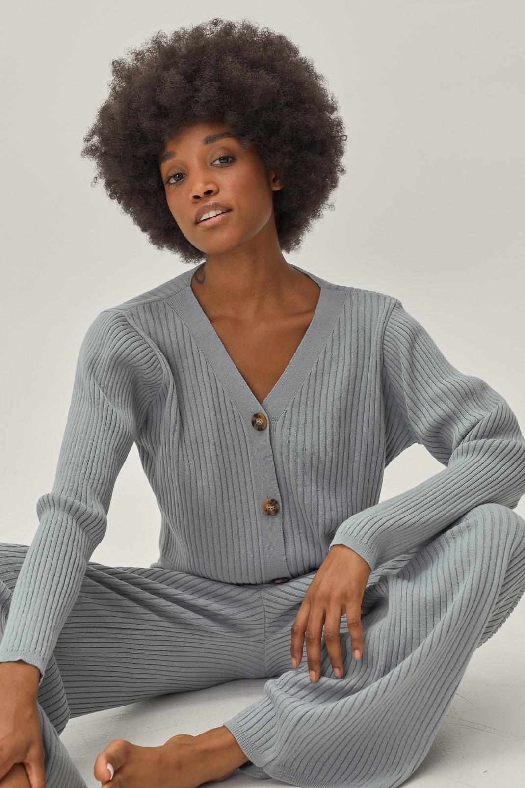 Sage Petite Ribbed Cardigan and Trousers Loungewear Set image number 1