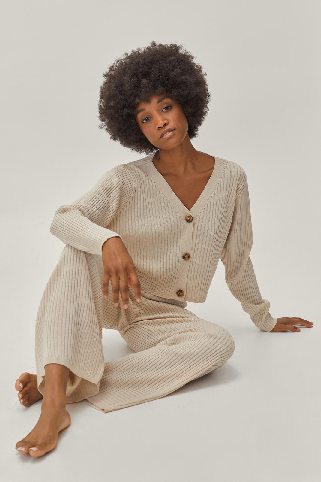 Stone Petite Ribbed Cardigan and Trousers Loungewear Set image number 1