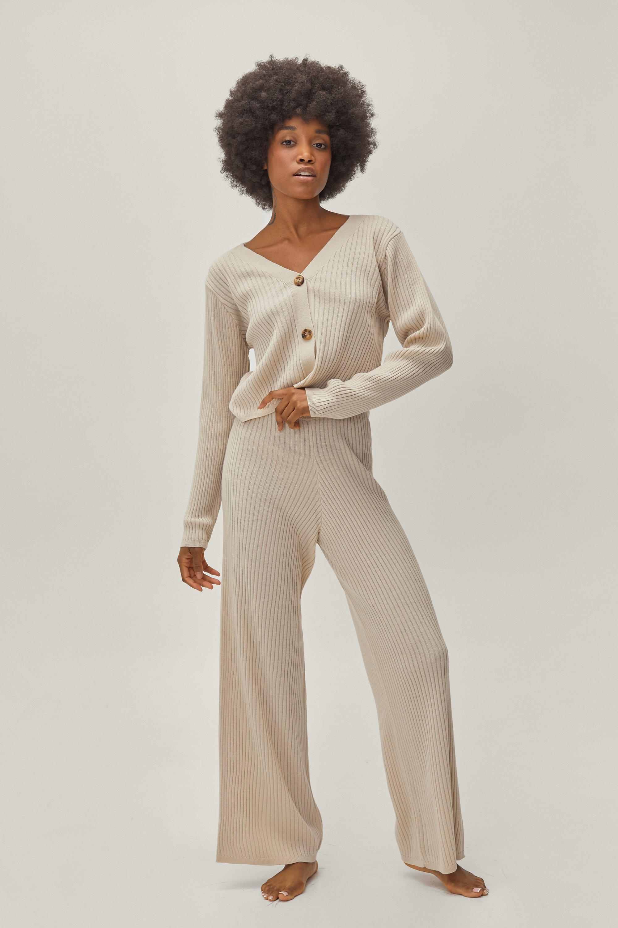 Petite Ribbed Cardigan and Pants Loungewear Set