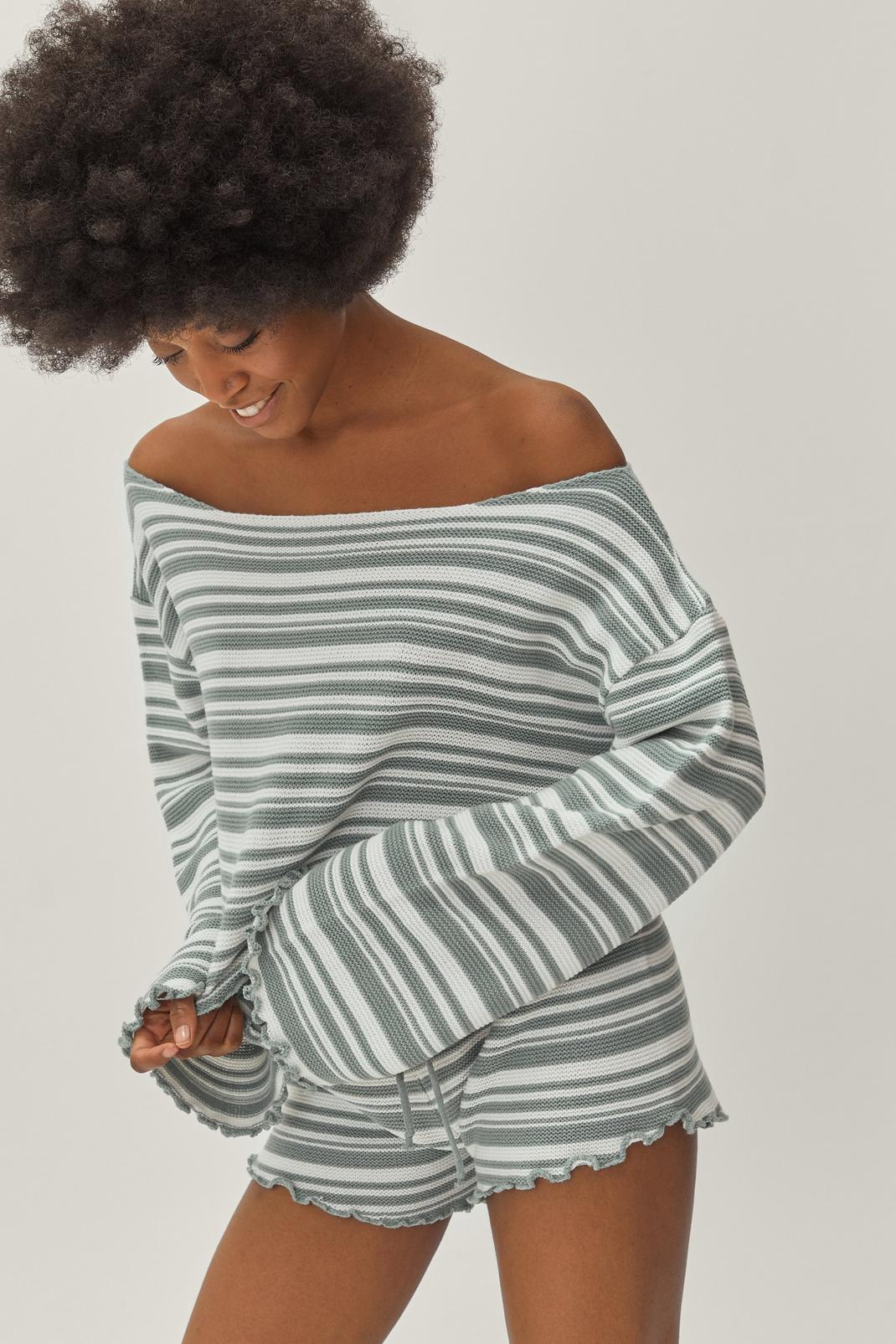 Light green Petite Stripe Off the Shoulder Sweater and Shorts Lounge Set image number 1