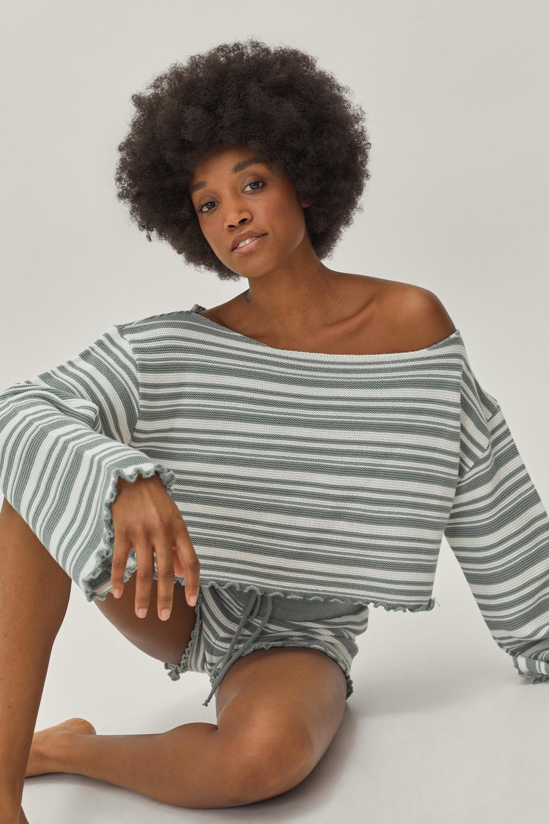 811 Petite Stripe Off the Shoulder Sweater and Shorts Lounge Set image number 2