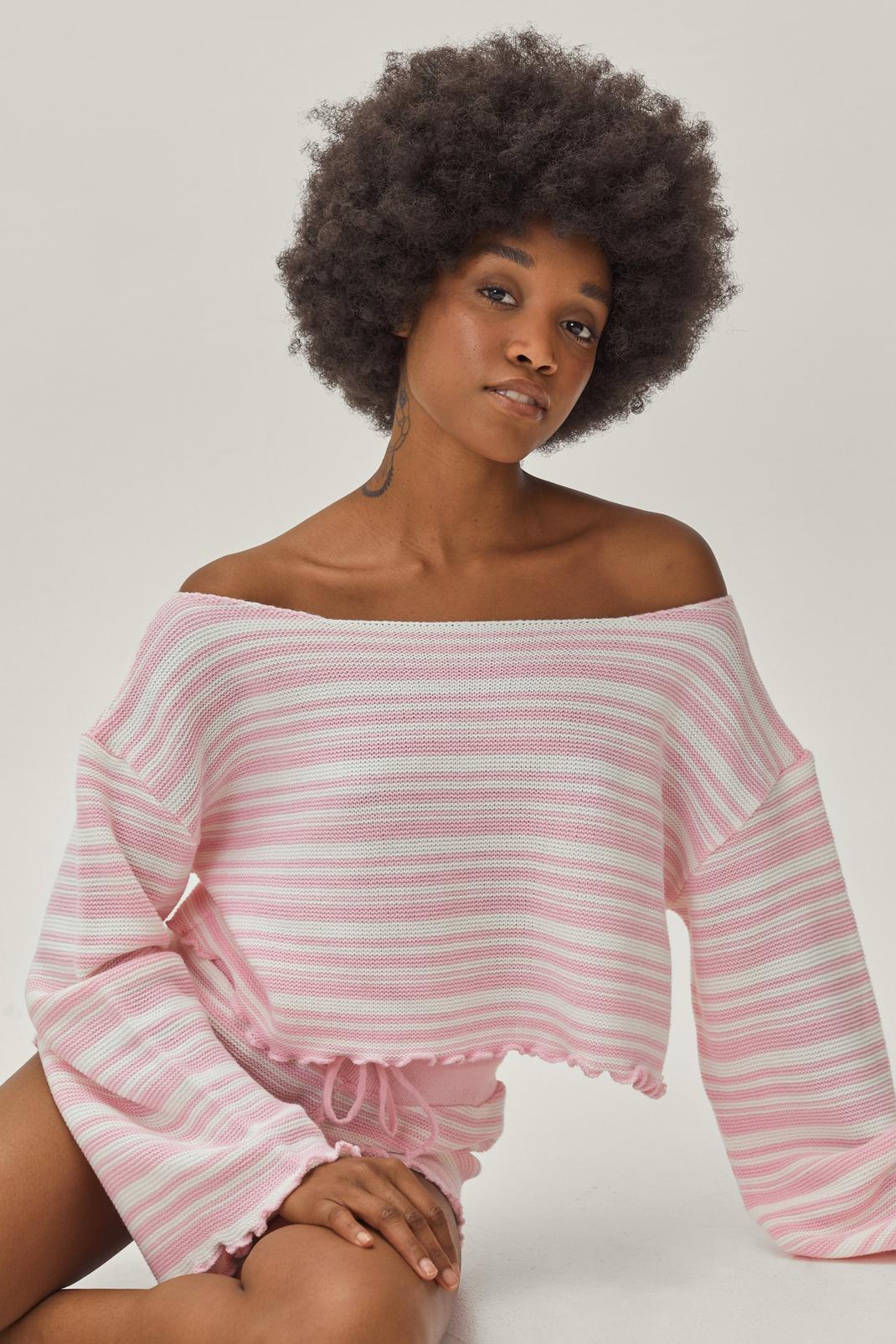 374 Petite Stripe Off the Shoulder Sweater and Shorts Lounge Set image number 2