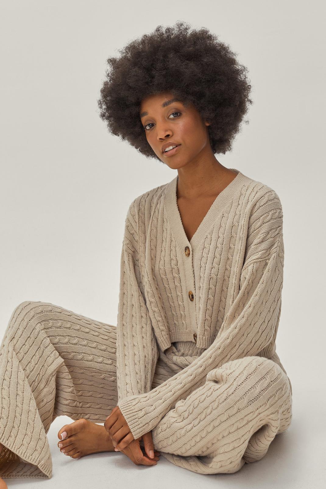 Oatmeal Petite Cable Cardigan and Pants Lounge Set image number 1