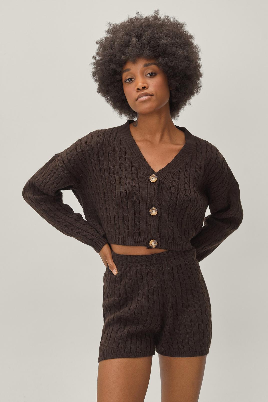 Chocolate Cable Knit Shorts and Cardigan Lounge Set image number 1
