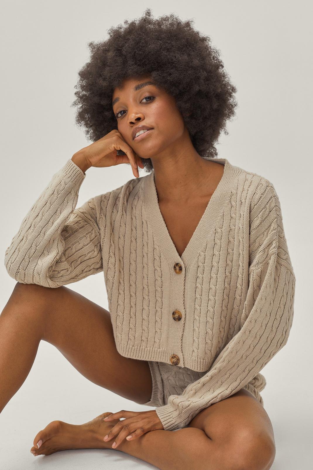 Oatmeal Cable Knit Shorts and Cardigan Lounge Set image number 1
