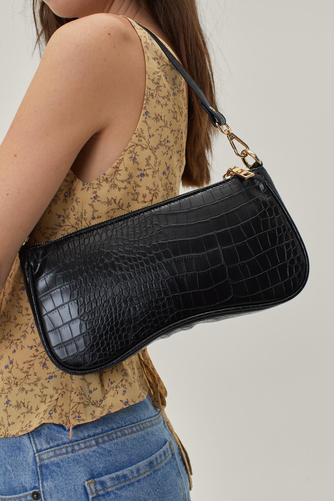 Black Faux Leather Croc Effect Shoulder Bag image number 1
