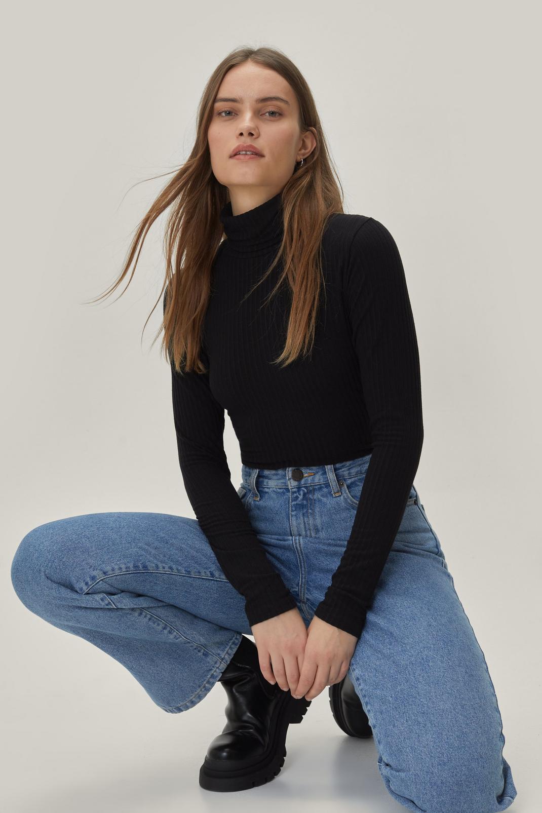 Black Ribbed Roll Neck Long Sleeve Top image number 1