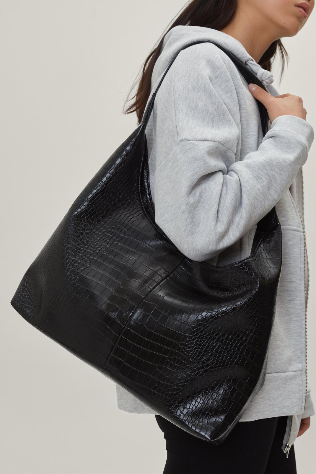 Black Faux Leather Croc Effect Slouch Bag image number 1