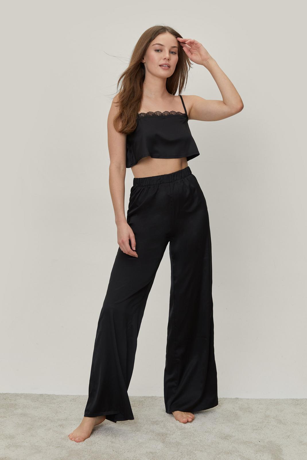 Black Satin Lace Trim Cami and Trousers Pyjama Set image number 1
