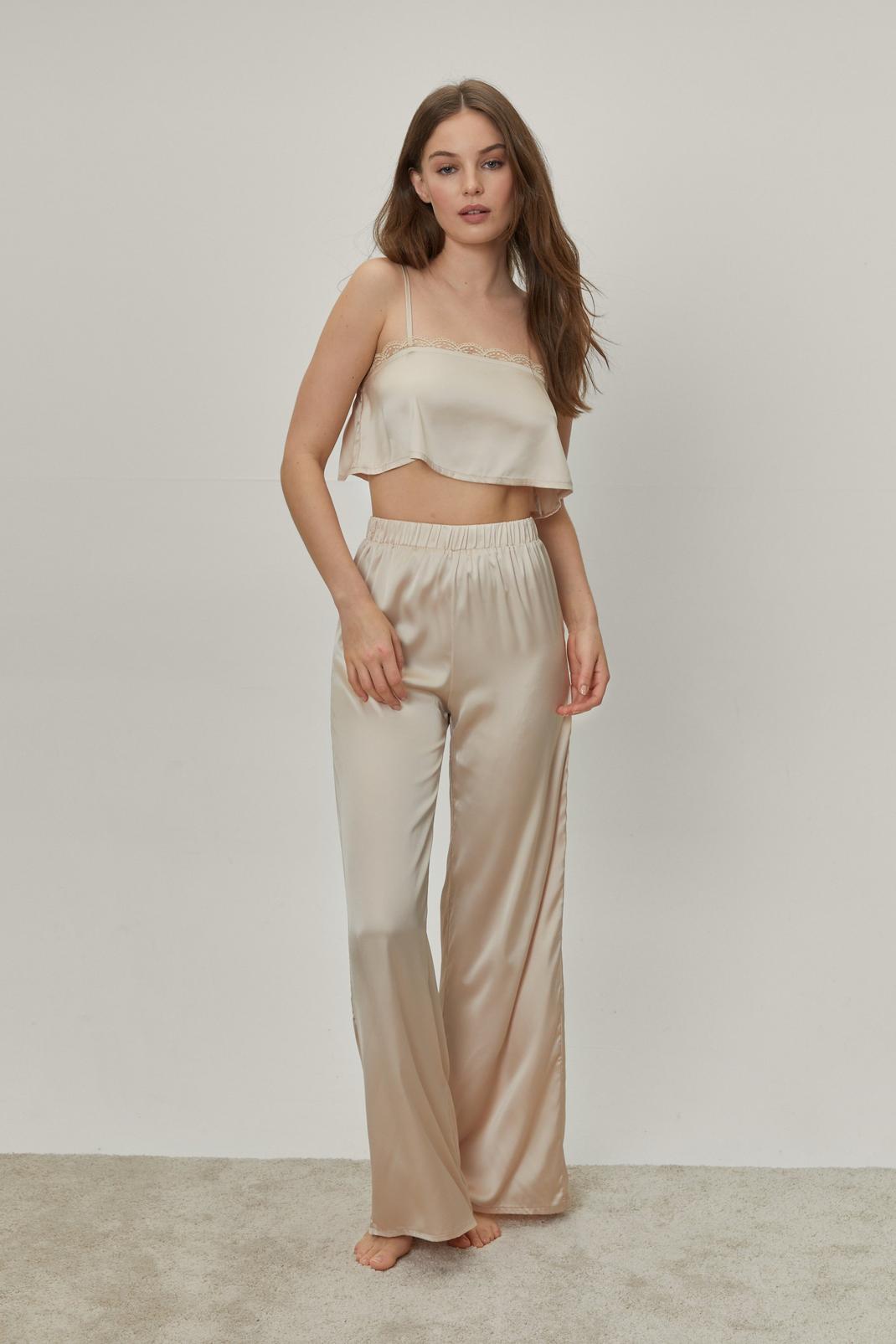 Oyster Satin Lace Trim Cami and Trousers Pyjama Set image number 1