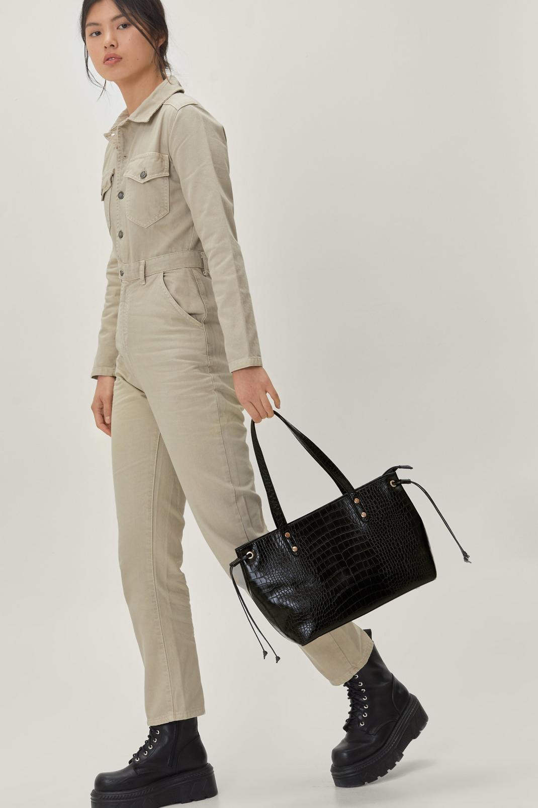 Black Faux Leather Croc Effect Day Bag image number 1