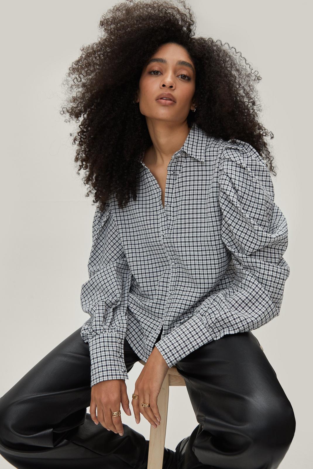 Puff Sleeve Collared Check Shirt image number 1