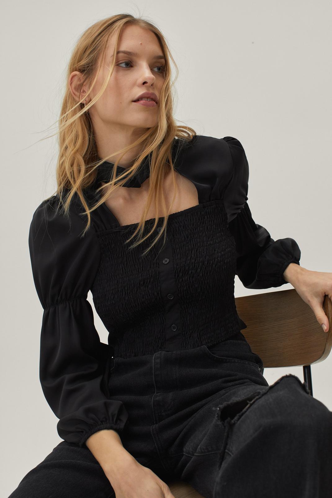 Black Puff Sleeve Shirred Collared Cropped Shirt image number 1