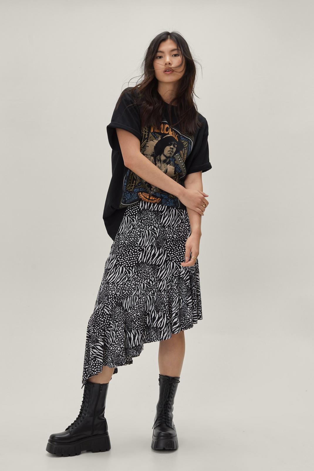 Black Animal Print Asymmetric High Waist Midi Skirt  image number 1