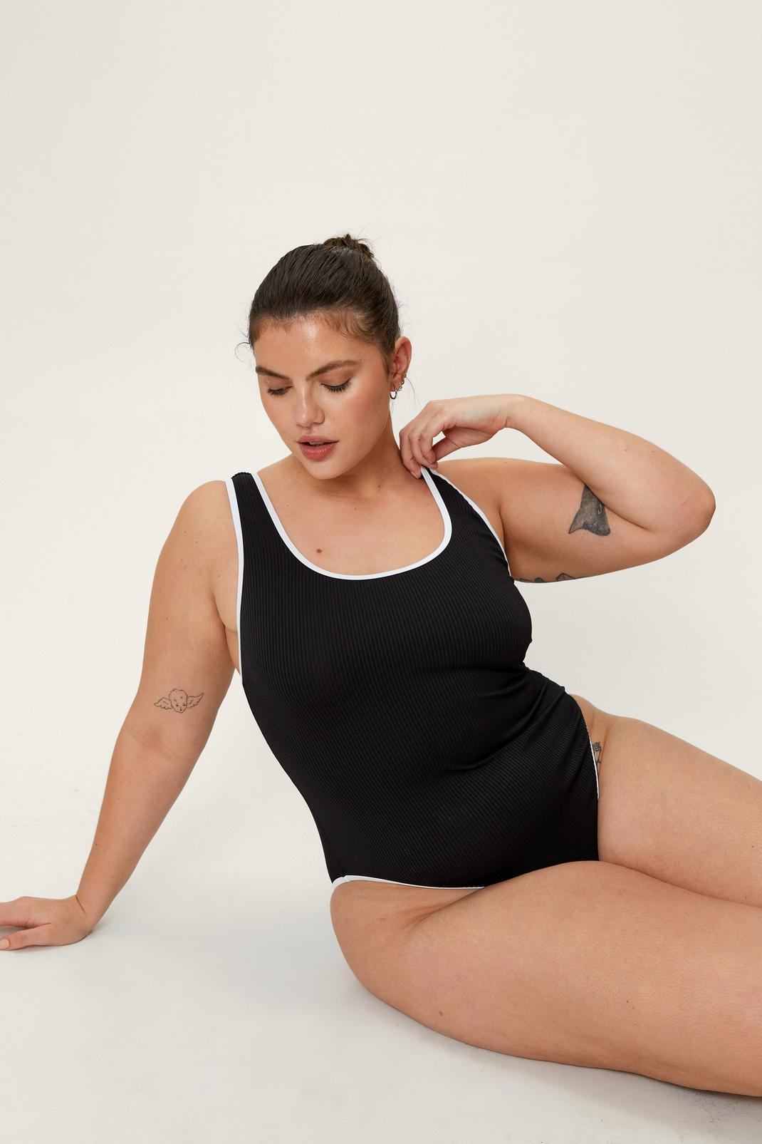 Black Plus Size Recycled Rib Contrast Binding Swimsuit image number 1