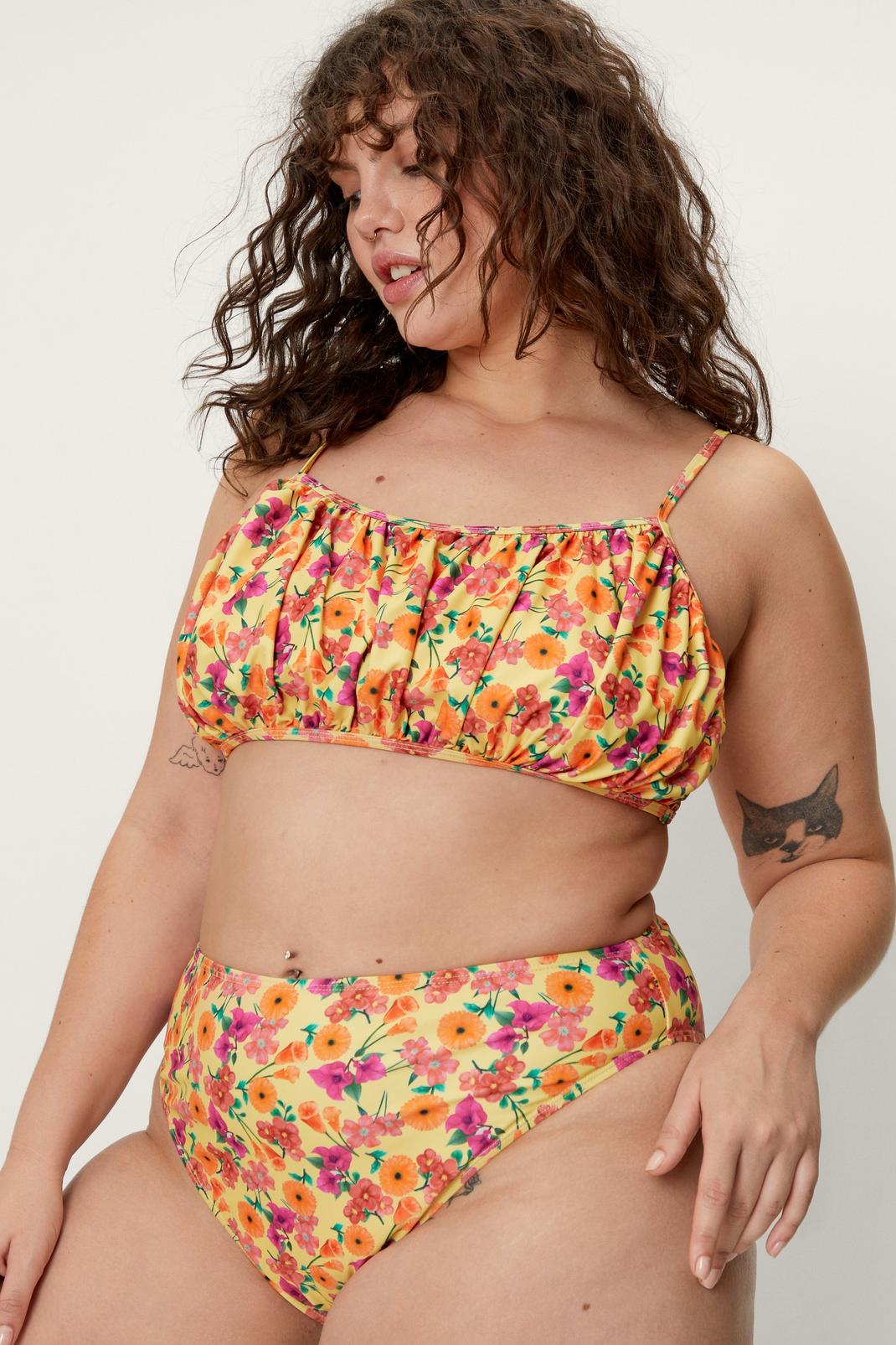 Yellow Plus Size Recycled Ruched Floral Bikini Set image number 1