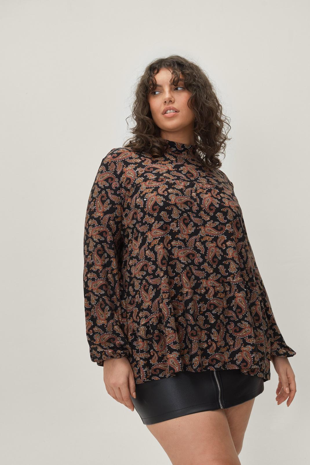 Brown Paisley Ruffle Neck Top image number 1