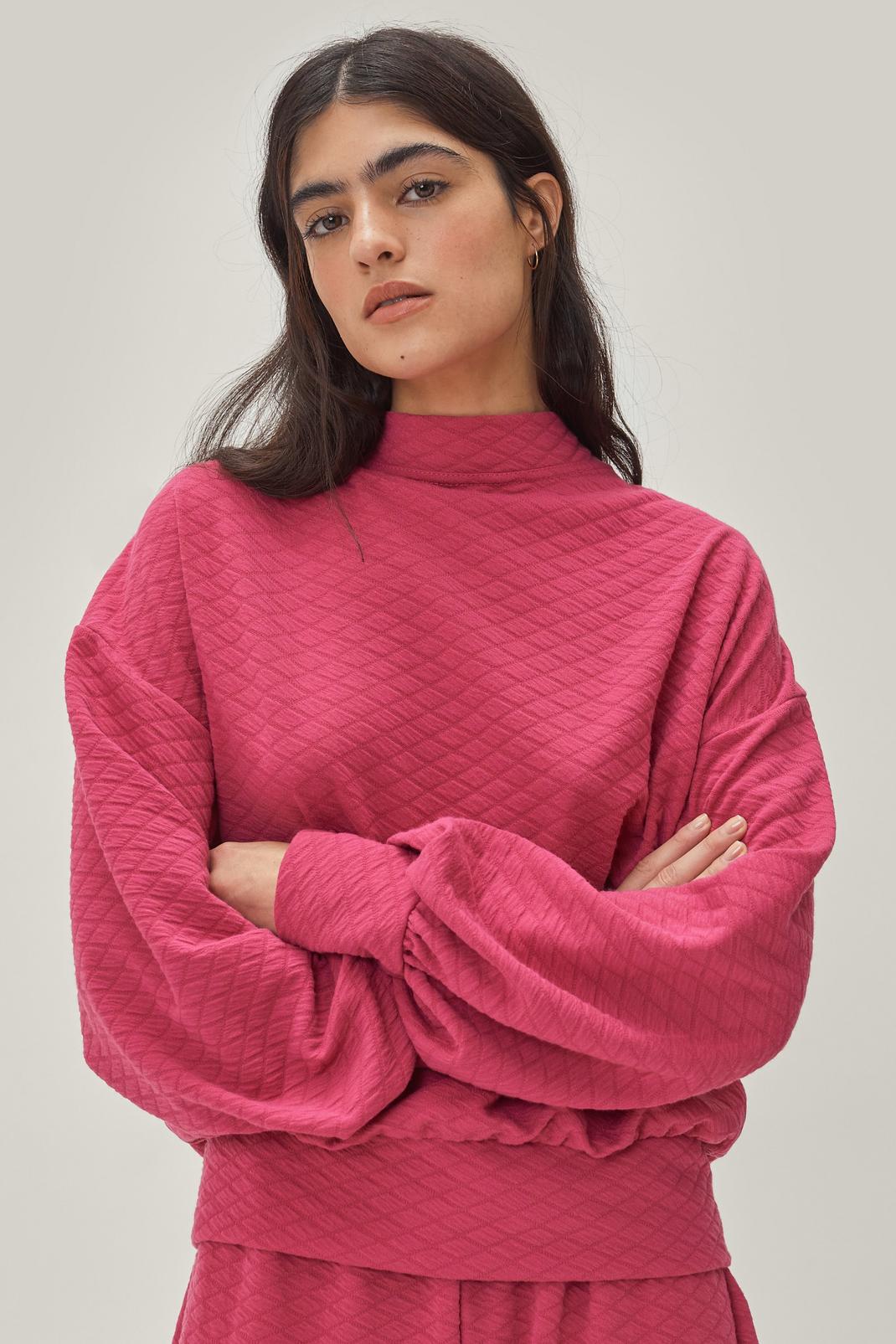 Pink Quilted Relaxed High Neck Sweatshirt image number 1