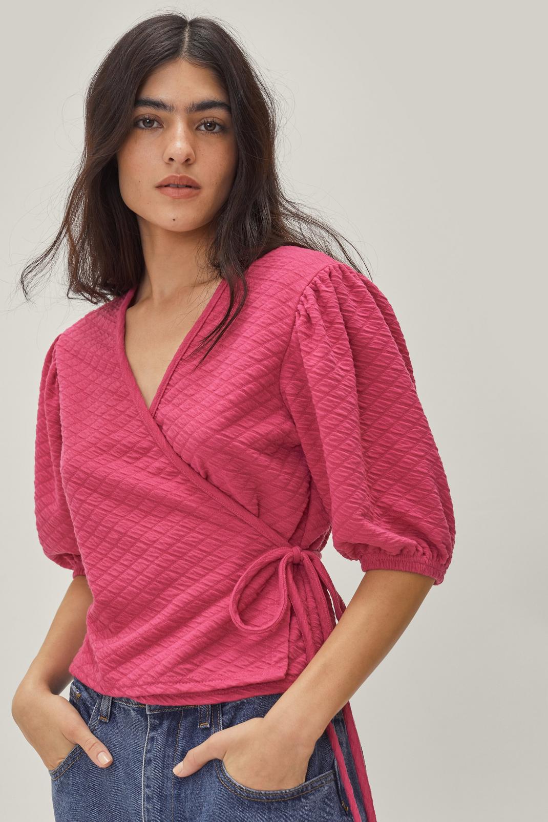 Pink Quilted Balloon Sleeve Wrap Top image number 1