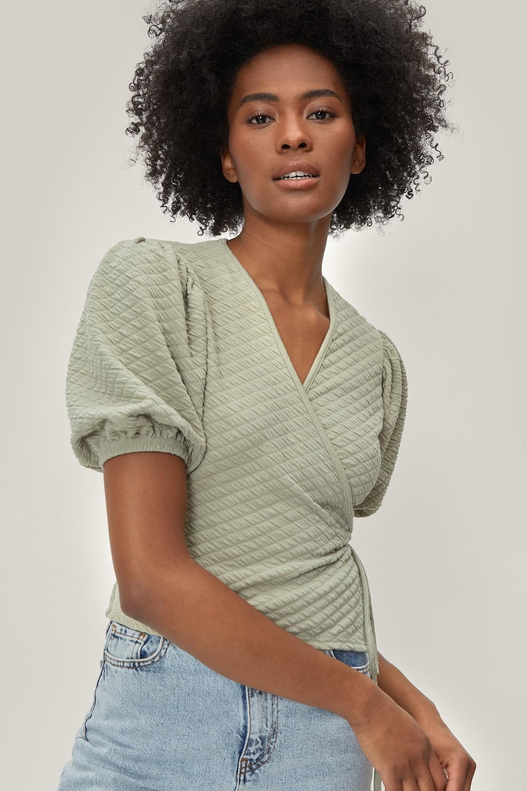 Sage Quilted Balloon Sleeve Wrap Top image number 1