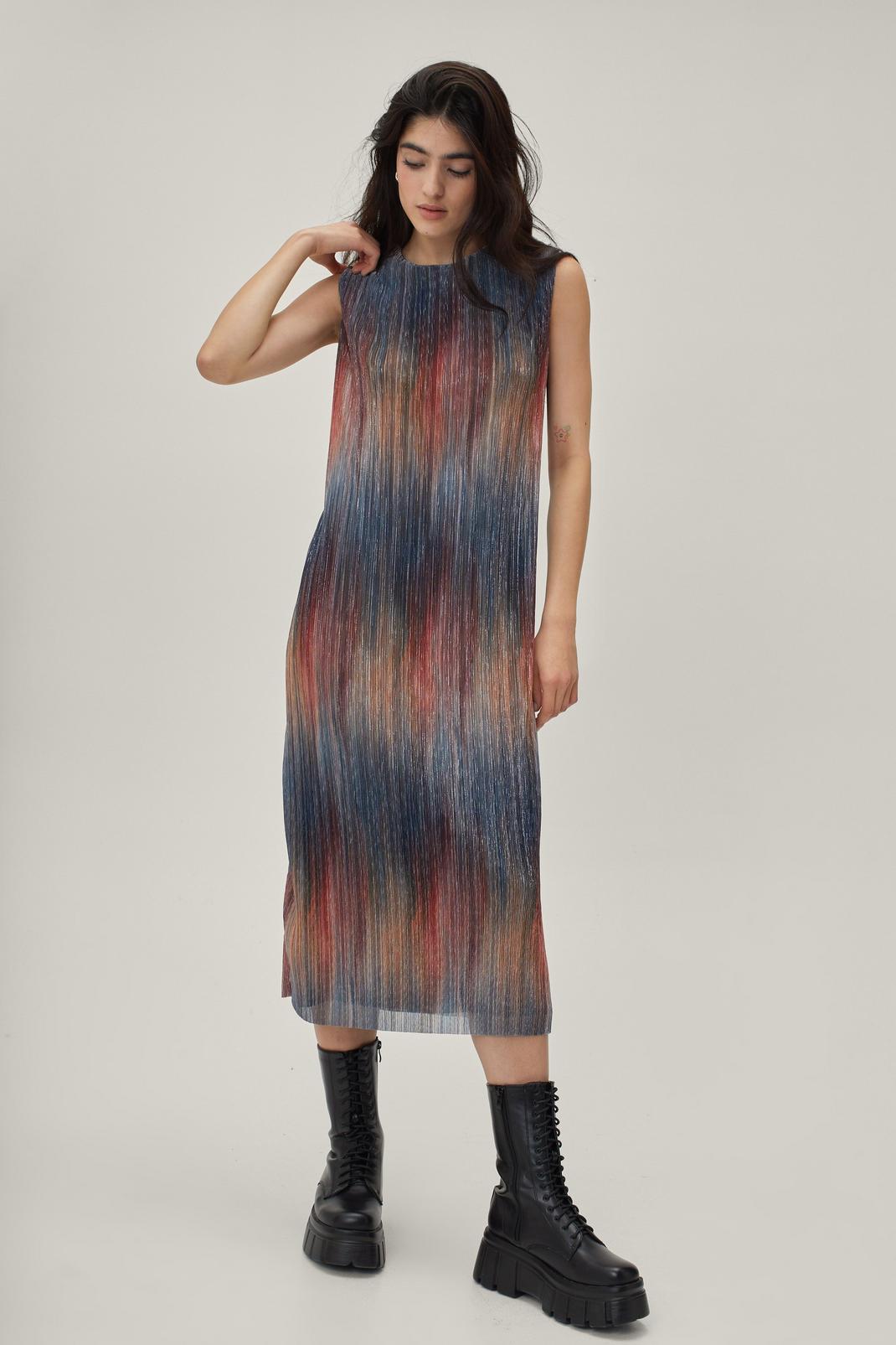 Multi Rainbow Metallic Plisse Column Midaxi Dress image number 1