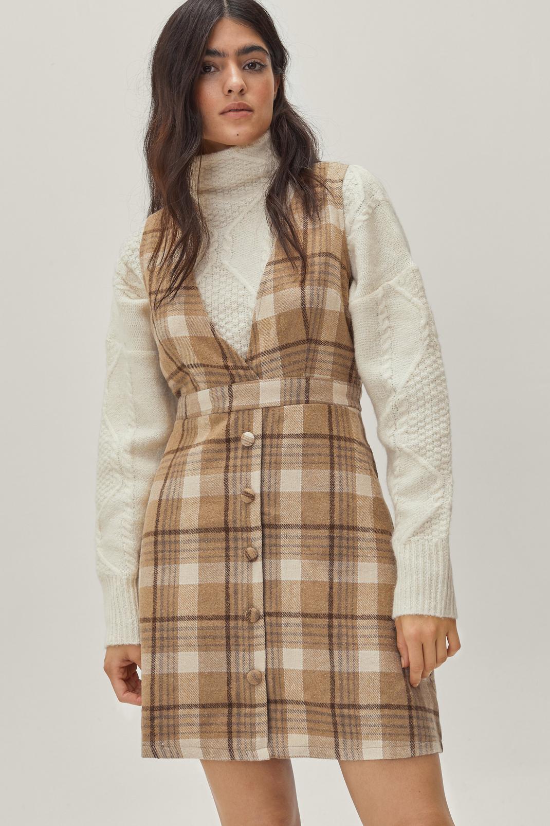 Camel Check Button Pinafore Mini Dress image number 1