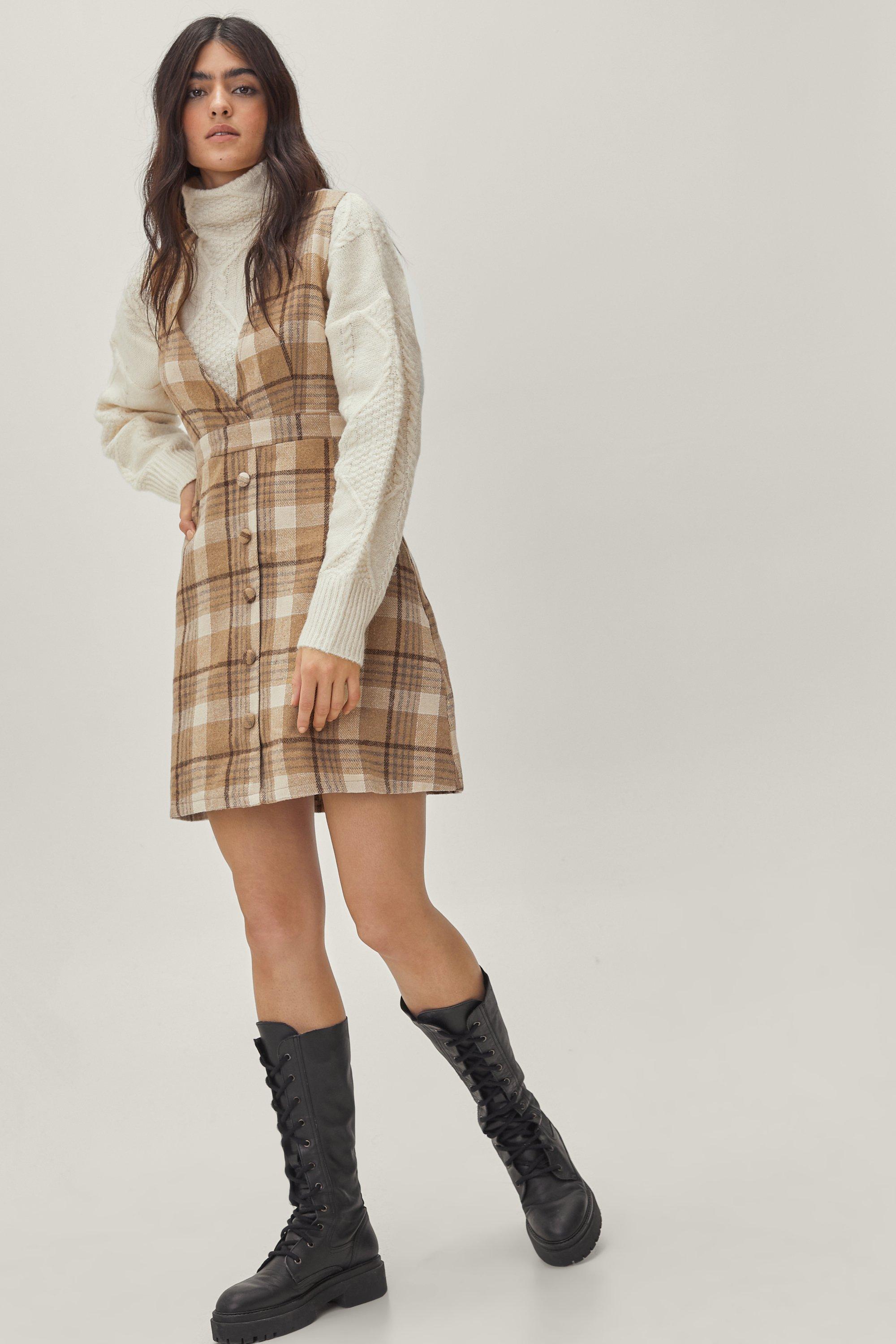 Camel check pinafore dress best sale