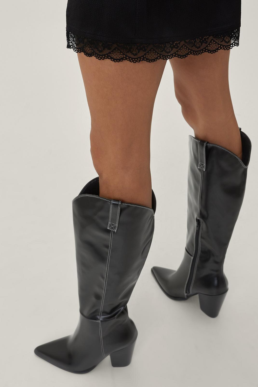 Black Contrast Stitch Knee High Cowboy Boots image number 1