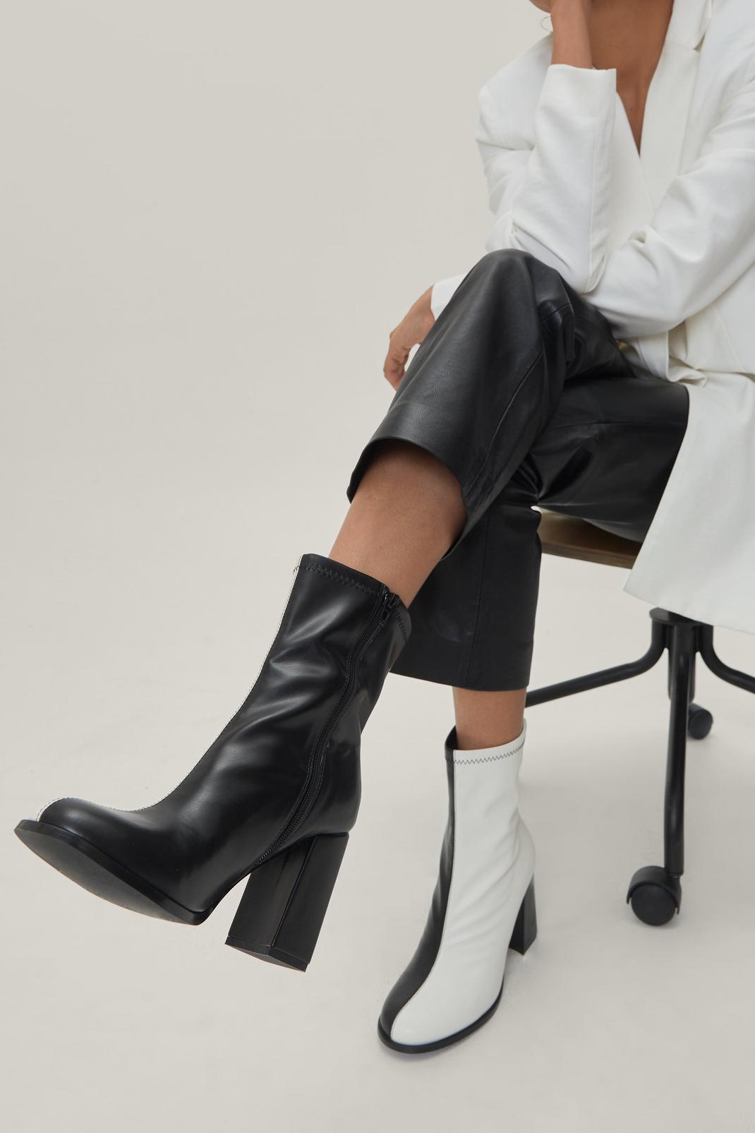 Black_white Faux Leather Two Tone Contrasting Sock Boots image number 1