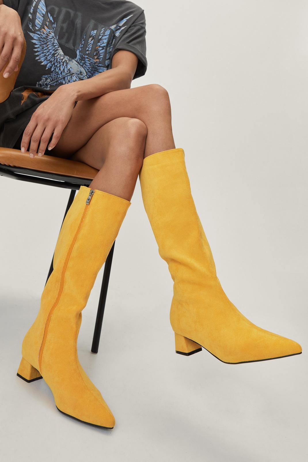 Desert yellow Bright Faux Suede Pointed Knee High Boots image number 1