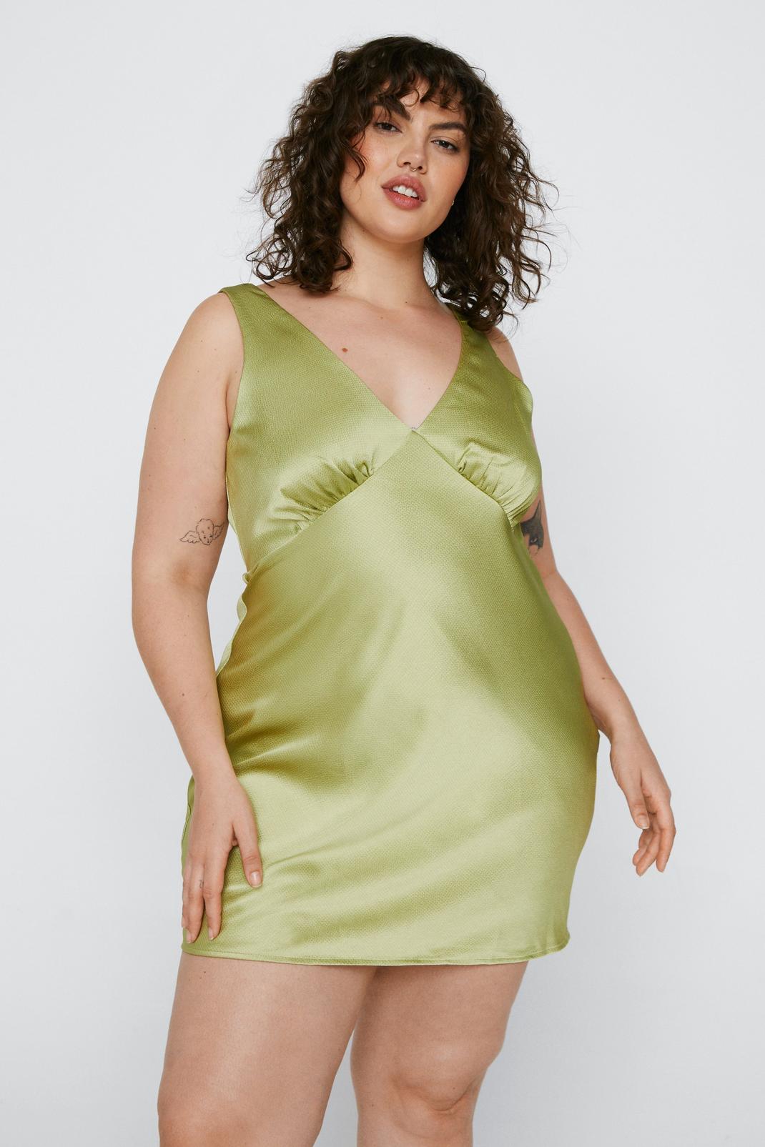 Olive Plus Size Satin V Neck Ruched Bust Mini Dress image number 1