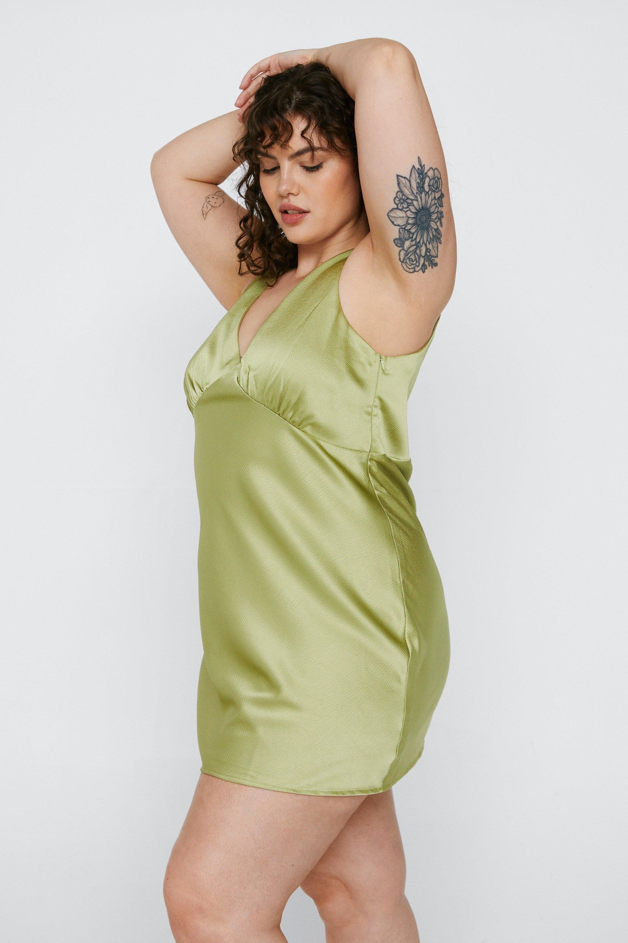 Plus Size Satin V Neck Ruched Bust Mini Dress