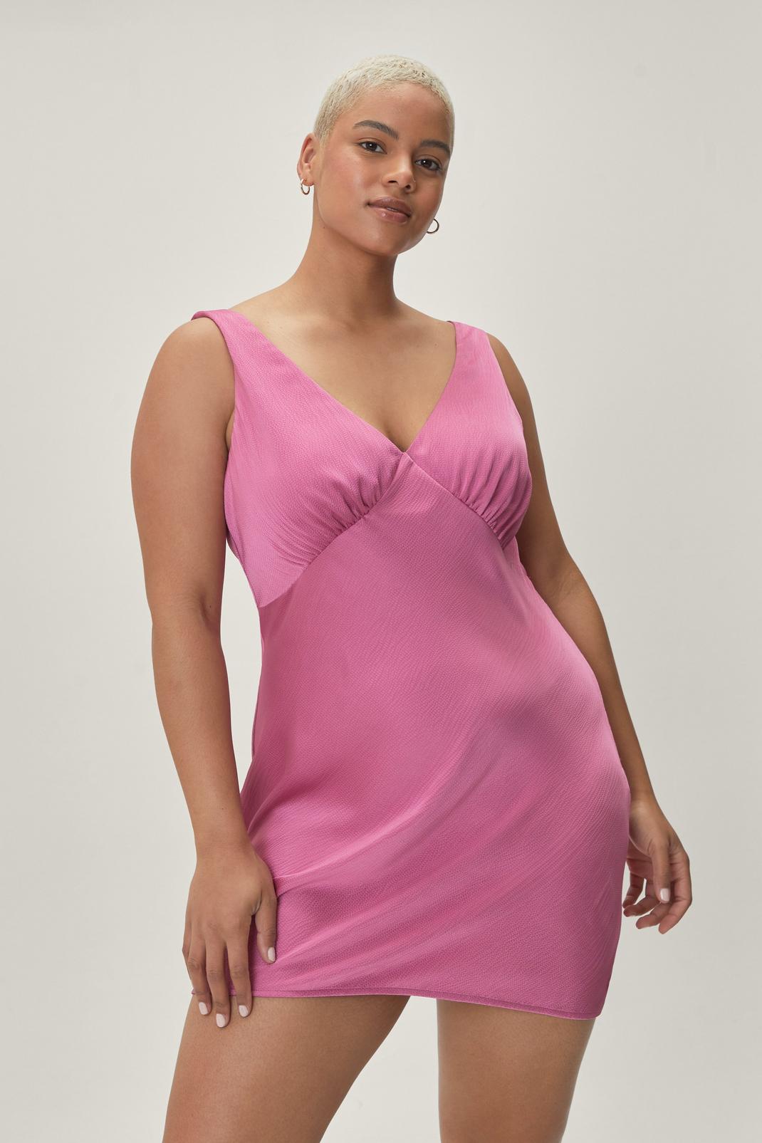 Pink Plus Size Satin V Neck Ruched Bust Mini Dress image number 1
