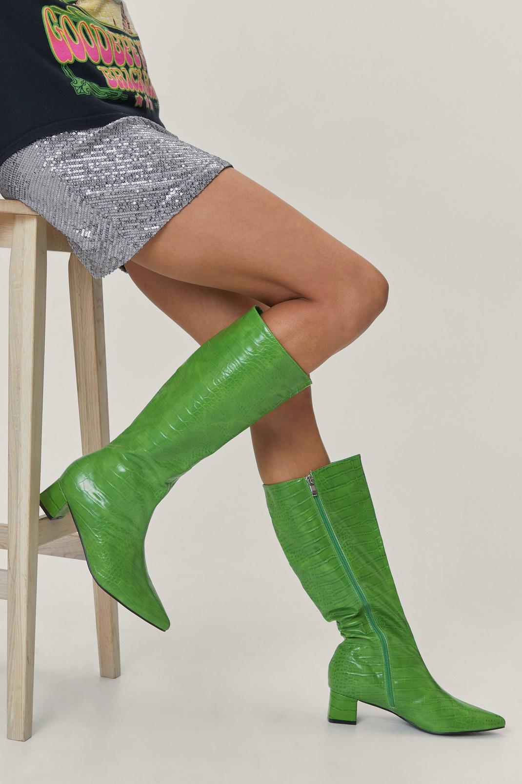 Bright Croc Embossed Knee High Boots image number 1