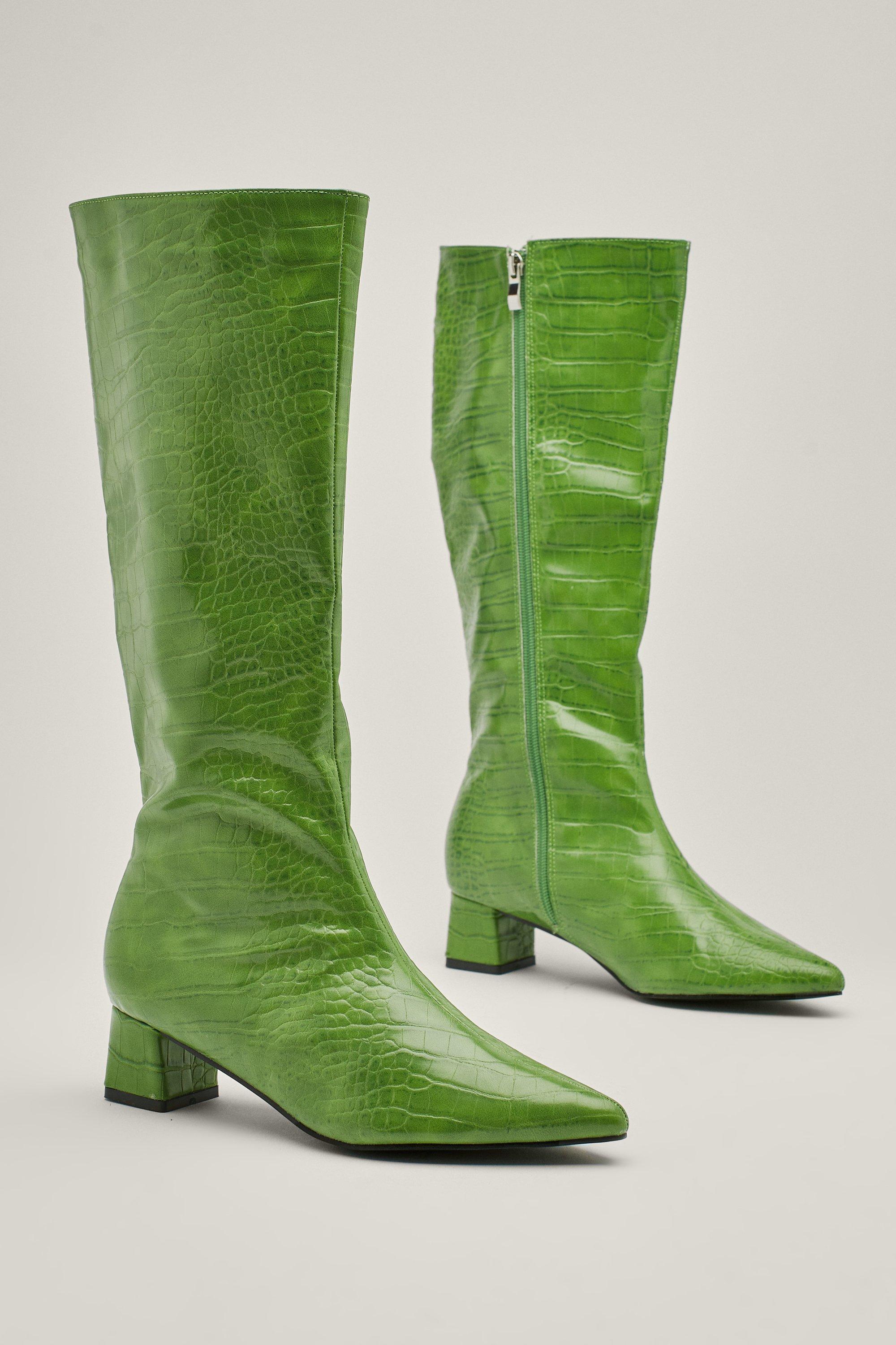 Bright Croc Embossed Knee High Boots Nasty Gal