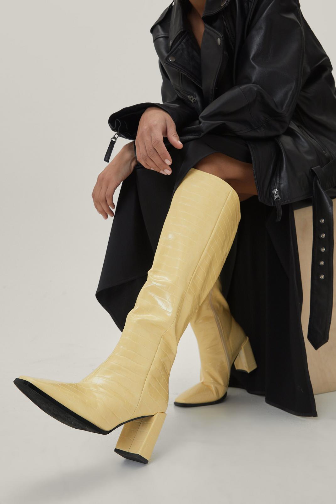 Faux Leather Croc Knee High Boots image number 1