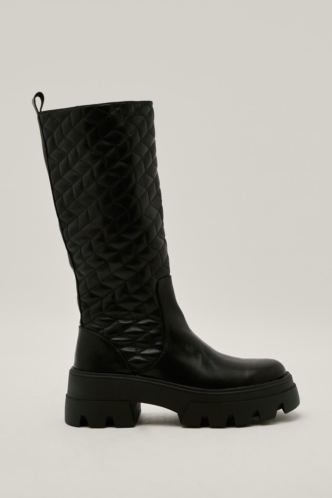 Faux Leather Quilted Knee High Chunky Boots image number 1