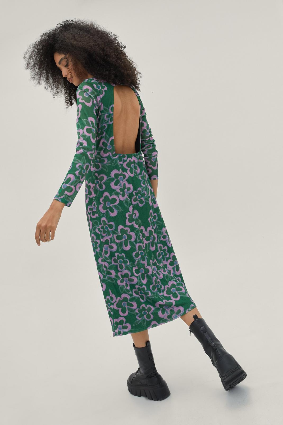 Robe mi-longue en maille ajourée au dos imprimé floral, Green image number 1